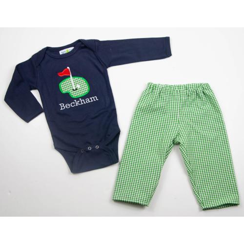 Boys Golf Outfit - Embroidered Golf Applique Shirt or Bodysuit and Matching Pants Set - Navy Long Sleeved Tee - Green Gingham Pants - Golfer
