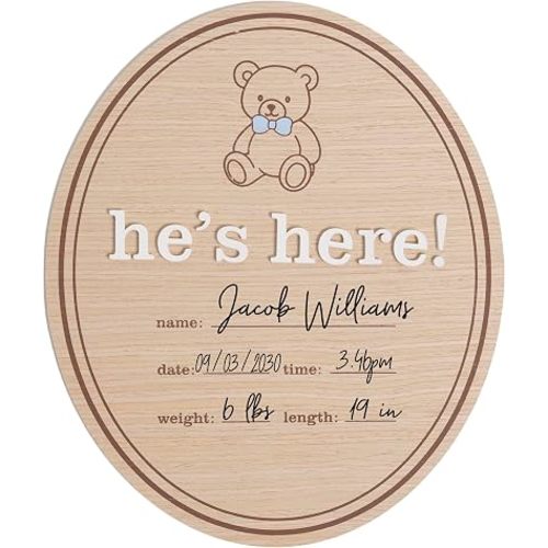 Kate & Milo He’s Here Baby Boy Announcement Sign, 3D Design, Teddy Bear