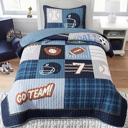 Soul & Lane - Sports Quilt Set for Boys, Football Baseball, Twin and 1 Sham