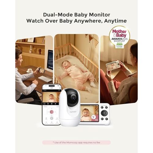 Momcozy Smart WiFi Baby Monitor with Camera and Audio, 5" 1080P Screen with Wall Mount, Motion & Cry Detection, Safe Fence, Clear Night Vision, 5000mAh Battery, 2-Way Talk, Photo & Video Recording