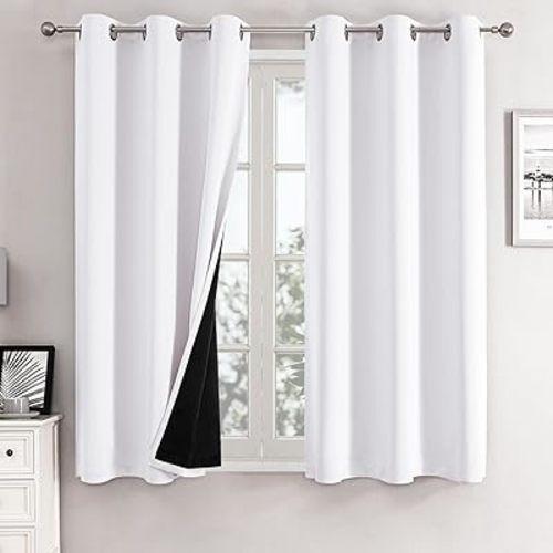 ChrisDowa White 100% Blackout Curtains for Bedroom with Black Liner, 2 Thick Layers Total Blackout Thermal Insulated Grommet Window Curtains 2 Panels Set (Pure White, 42 x 63 Inch)