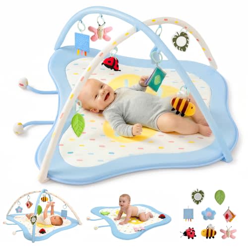 Pamo Babe Baby Play Gym & Activity Mat with 8 Montessori Toys | Non-slip Foldable Baby Playmat for Stage-Based Development, Machine Washable Baby Gym Play Mat for Newborn Essential Gift