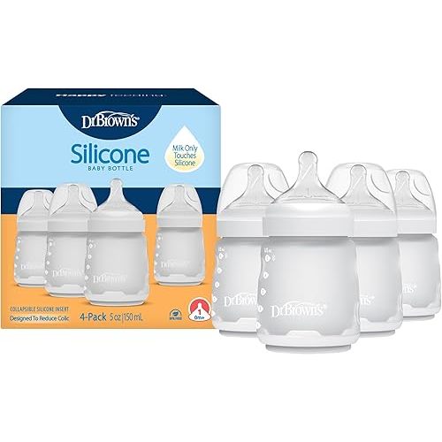 Dr. Brown's Silicone Baby Bottle with Collapsible Insert Designed to Reduce Colic, 5 oz with Wide-Neck Level 1 Slow Flow Nipple, BPA-Free, 0m+, White, 4-Pack