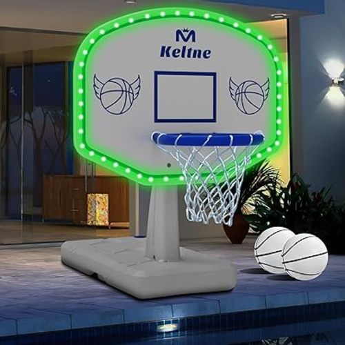 LED Pool Basketball Hoop Poolside, Oversized Water Basketball Hoop with Super Bright Solar Lights, 34"x34"x42.2" Light-Up Swimming Pool Basketball Hoops for Kids Adults, with 2 Balls and Pump.