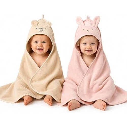 Hooded Baby Towels – 100% Organic Cotton Baby Bath Towels – Baby Girl Newborn Essentials - Super-Soft and Absorbent. (2-Pack Rabbit Blush and Bear Fog)