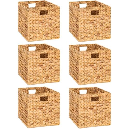 M4DECOR 12 x 12in Water Hyacinth Storage Baskets, Wicker Storage Baskets for Shelves, Woven Baskets for Storage, Wicker Storage Basket for Bedroom, Living Room, Nursery Room (Natural 6 Packs 12x12in)