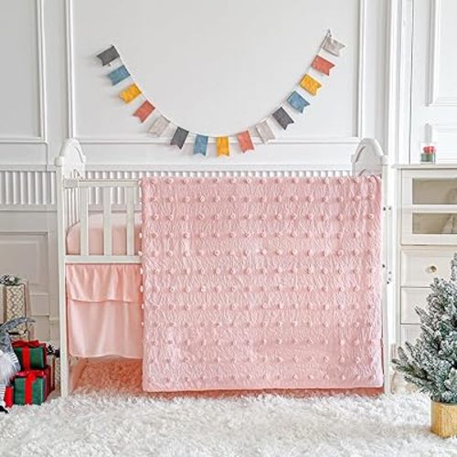 3 Pieces Mini Crib Bedding Set Tufted Dots Jacquard Pink