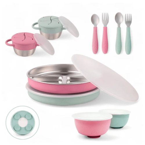 Stainless Steel Mealtime Bundle | Plates, Bowls, Snack Cups + Toddler Utensils | Suction Sleeves | Blush/Sage