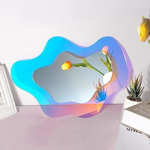 Irregular Wall Mirror Wavy Acrylic Rainbow Mirror Room Decor Aesthetic Mirrors Amorphic Vanity Retro Mirrors for Bedroom Living Room Bathroom Entryway Wall Decor ( Clouds Style, 15.5 x 10.5 Inches )