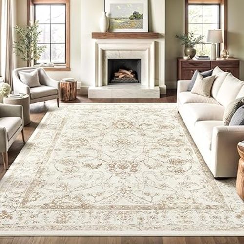Madane 8x10 Area Rugs for Living Room, Machine Washable Vintage Rug with Anti-Slip Backing, Soft Floral Print Large Rugs, Foldable Thin Area Rug for Bedroom Dining Room, Wood/Ivory