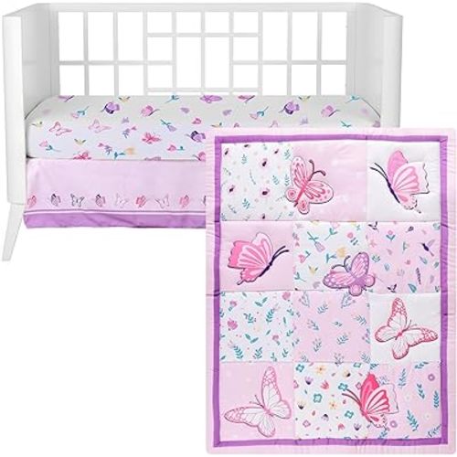 Baby Crib 3-Piece Bedding Set, Light Purple, Butterfly Design (Purple)