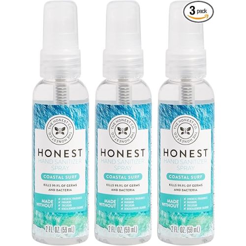 The Honest Company Plant-Based Hand Sanitizer Spray | Kills 99.9% of Germs | Hypoallergenic, Quick-drying + Moisturizing | Coastal Surf, 2 fl oz each (pack of 3)