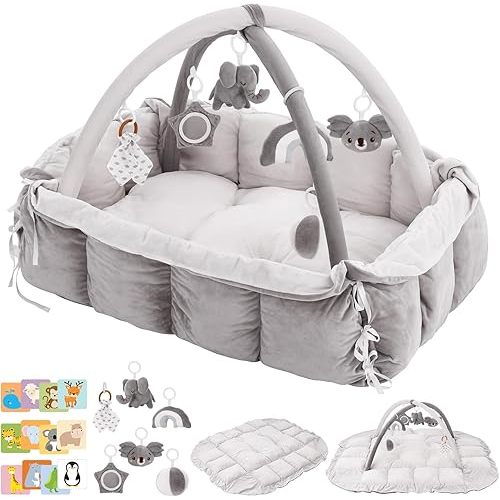 5-in-1 Baby Play Gym and Tummy Time Mat, 12 Learning Cards, Plush Activity Mat with 6 Toys, Baby Gym, Convertible to Ball Pit, Baby Gift, Grey