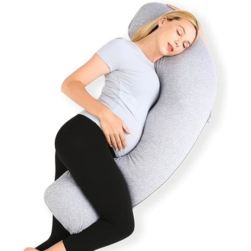 Momcozy Pregnancy Pillows for Side Sleeping, J Shaped Maternity Body Pillow for Pregnancy, Soft Pregnancy Pillow with Jersey Cover for Head Neck Belly Support, Grey