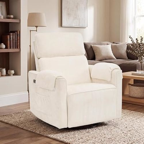 Oversized Power Rocker Recliner Chair, 24" Extra Wide Swivel Recliner with Adjustable Headrest, Chenille Glider Rocking Nursery Chair with Overstuffed Armrest, USB Ports, Cream