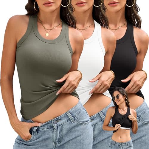 BVNSOZ 3 Pack Womens Tank Tops with Built in Bra Ribbed Racerback Tops