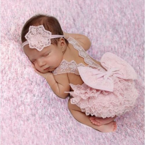 SHEIN Baby Girl Newborn Contrast Lace Bow Back Bodysuit & Headband Photography Prop | SHEIN USA