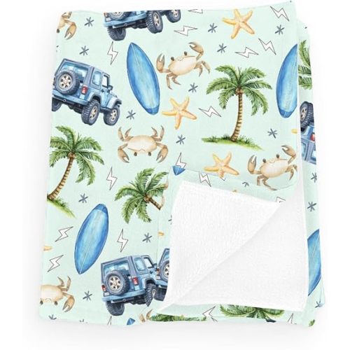 Cute Summer Beach Surf Truck Surfboard Blue Baby Blanket Girl Boy Hawaii Surfing Coconut Trees Starfish Crabs Flannel Fleece Receiving Swaddle Sea Ocean Bed Blankets Coconut 30x40inch