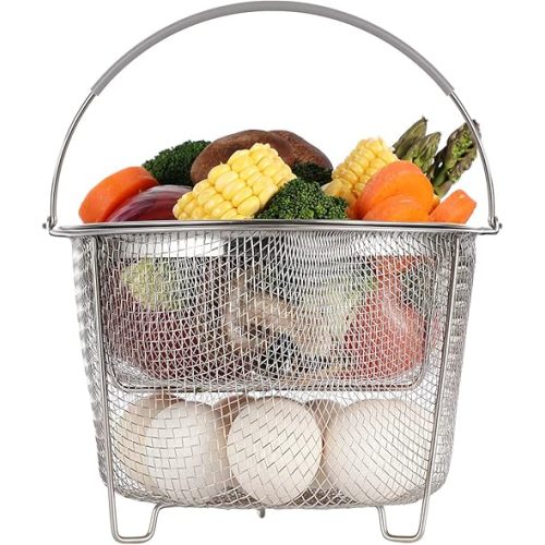 AOZITA Steamer Basket for Instant Pot Accessories 6 qt or 8 quart - 2 Tier Stackable 18/8 Stainless Steel Mesh - Silicone Handle - Vegetable Steamer Insert, Egg Basket, Pasta Strainer,Silver