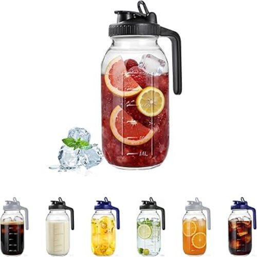 64oz Glass Mason Jar Pitcher with Lid 2 Quart Breast Milk Pitchers with Pour Spout Juice Jug Coffee Iced Tea Container for Fridge Leak-Proof Water Jug with Handle for Party Outside & Daily Use