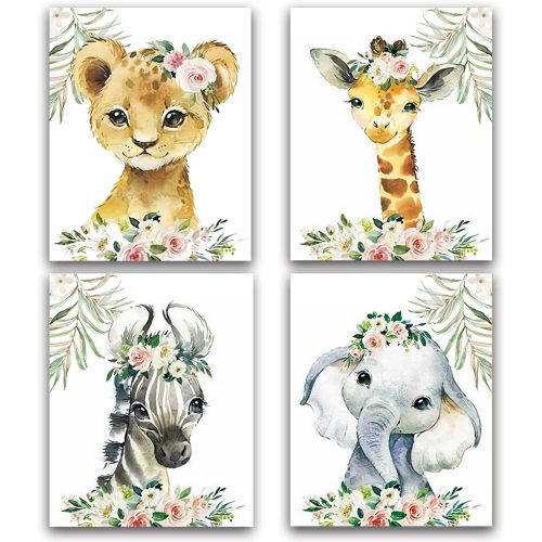 DXOAGXQ Animal Pictures Wall Art,Elephant Flower Woodland Crown Animals Adorable Art Print Set of 4 (8”X10”)- No Frame，Wall Art Poster for Nursery Baby Kids Room Home Decor,