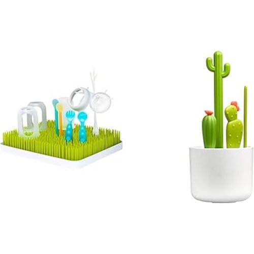 Boon Drying Rack Lawn Countertop, Green + Boon Cacti Bottle Cleaning Brush Set