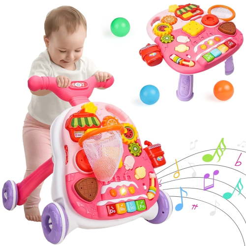 Hot Bee Sit-to-Stand Learning Walker, 2 in 1 Baby Push Walker and Activity Center, Music Learning Toy, Birhday Christmas Gift for Boys Girls 6 to 18 Months-Pink