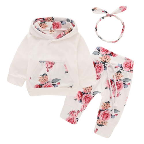Durtebeua Baby Girl Clothes Newborn Infant Floral Hooded With Pocket Sweatshirt Pants Headband Outfits Set 3PC Z02-White,0-3 Months