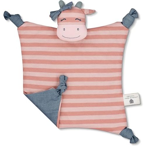 Organic Farm Buddies by Apple Park Lovey Rattle | Non-Toxic, Hypoallergenic, 100% Organic Cotton for 0m+ | Security Blanket (Ms. Moo)