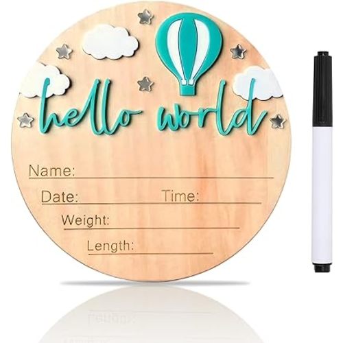 Baby Announcement Sign, 5.9 Inch Wooden Hello World Newborn Signs, Birth Announcement Sign and Pen, Hot Air Balloon and White Cloud Decoration, Welcome Newborn Arrival to World (Green)