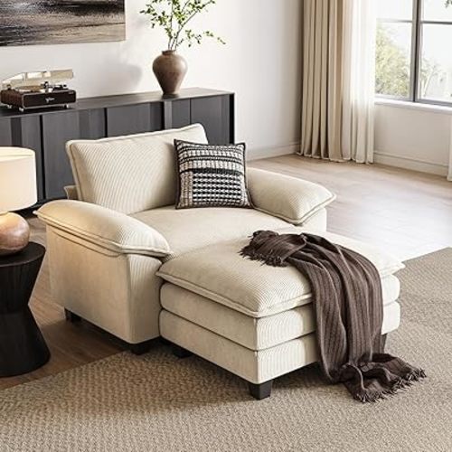 LINSY HOME Cloud Sofa Accent Chair with Ottoman Chaise Lounge Chair Indoor, Corduroy Couch Sofa Chair for Living Room Apartment Bedroom Office, Beige