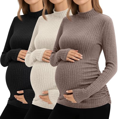 Neer 3 Pack Women's Maternity Shirts, Pregnant Long Sleeve Tops Mock Turtleneck Pregnancy Sweaters Ribbed Knit Mama Clothes