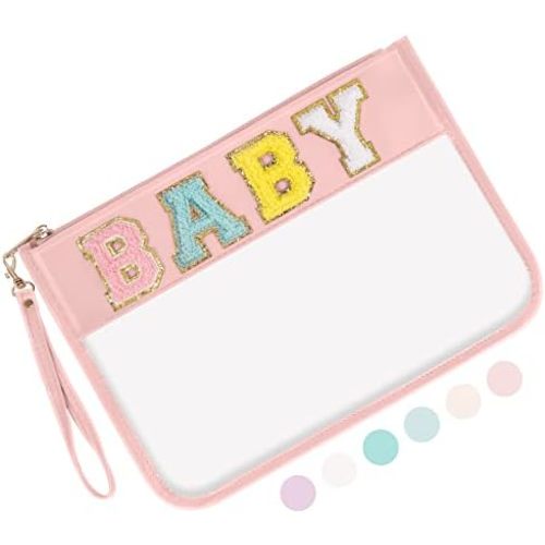 Iqimott Chenille Letter Clear Bag Baby Pouch, Monogram PVC & PU Makeup Cosmetic Bag Zipper Toiletry Pouch, Portable Travel Beach Snack Wristlet Bags for Women Girls(Baby, Pink)