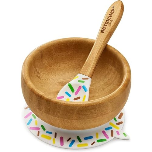 NutriChef Bamboo Baby Feeding Bowl - Wooden Infant Toddler Dish and Spoon Set w/Silicone Suction Base for Stay Put Eating, For Children Aged 4-72 Months (Sparkle)