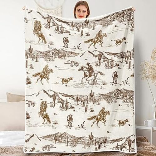 Western Cowboy Throw Blankets, Vintage Wild West Flannel Warm Soft Cozy Fluffy Bed Couch Blanket, Country American Theme White Fleece Throws to Decoration The Room and Bedroom 50 x 60