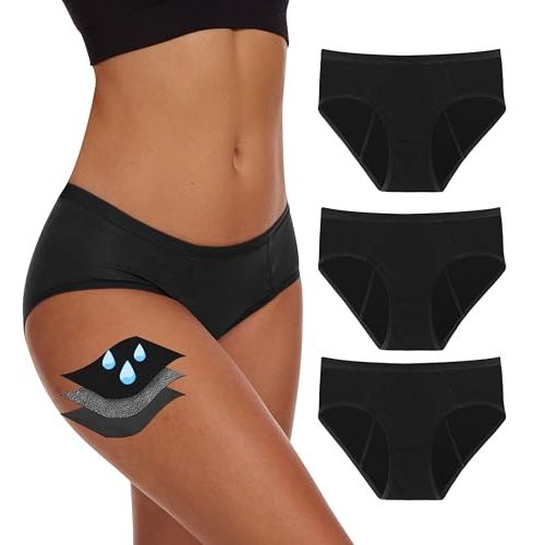 YESWEL Period Underwear For Women Leakproof Hipster Brief Heavy Flow 3 Pack | Comfortable soft menstrual panties, washable reusable moisture wicking leak postpartum 35ML light-moderate heavy flow