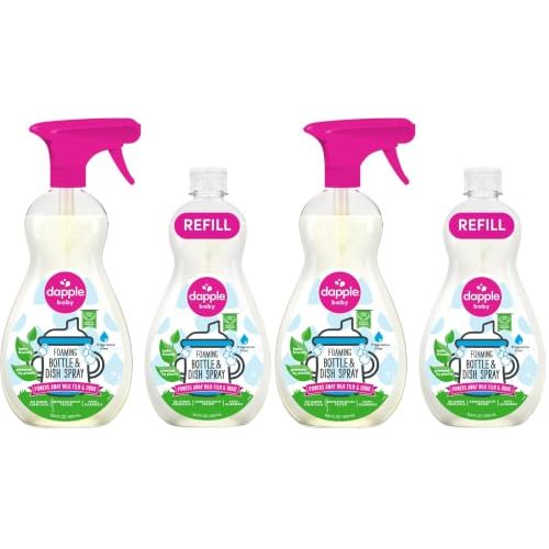 Dapple Baby Fragrance-Free Foaming Bottle & Dish Spray - (4 Pack) 16.9 fl oz - Plant-Powered Cleaner for Baby Bottles, Pump Parts, and Sippy Cups - Includes 1 Pump
