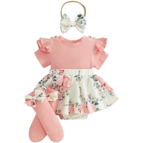 Giraropa Newborn Baby Girl Clothes Smocked Bubble Romper Dress + Socks + Headband Cute Spring Summer Baby Girl Clothes