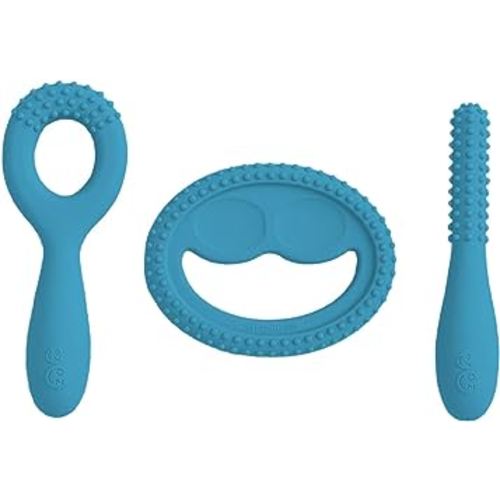 ezpz Oral Development Tools - 3 Months+ (3 Pack in Blue) - Non-Slip Loop, Smile and Stick, 100% Silicone Tools to Practice Feeding + Chewing - Sensory Bumps - Dishwasher Safe