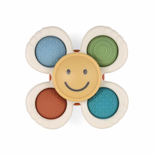 Itzy Ritzy Pop & Whirl – Fidget Spinner Travel & Bath Toy for Babies & Toddlers – Fidget w/Textured Silicone Poppers to Develop Fine Motor Skills – Sticks to Highchairs, Tables, Tubs More (Smile)