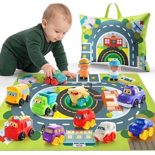 bessome 10PCS Soft Rubber City Cars with Playmat