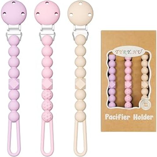 TYRY.HU 3 Pack Silicone Pacifier Holder Clip with One Piece Beads for Boys and Girls, Soft Flexible Pacifier Clip, Rust-Free Binky Clips with Texture, Keeps Pacifier Clean, Fits Most Pacifiers(Pink)