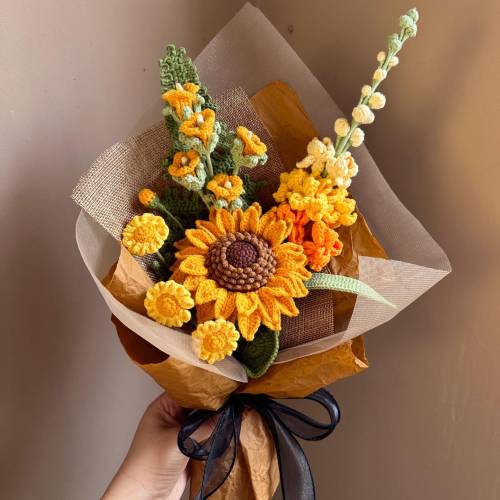 Crochet Sunflower Bouquet, Handmade Knitted Yarn Keepsake Flower