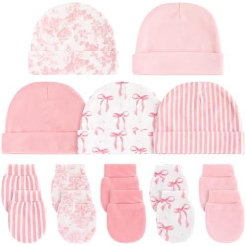 Unittype 10 Pcs Newborn Gift Set, Baby Hats and Mittens Set for Girl