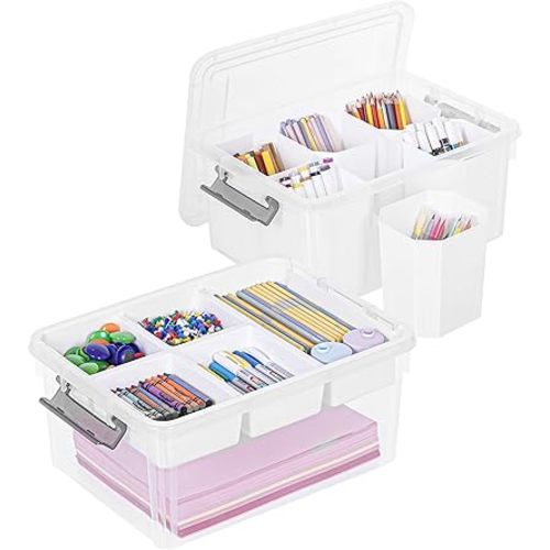 Citylife 17 QT Plastic Storage Box with Removable Tray and 6 Detachable Tall Inserts Craft Organizers and Storage Clear Storage Container for Organizing Crayon, Craft, Sewing, Playdoh, 2 Packs