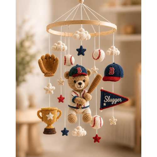 Crochet Baseball Baby Mobile, Sports Nursery Crib Mobile with Teddy Bear, Baseball Nursery Decor, Baby Shower Gift