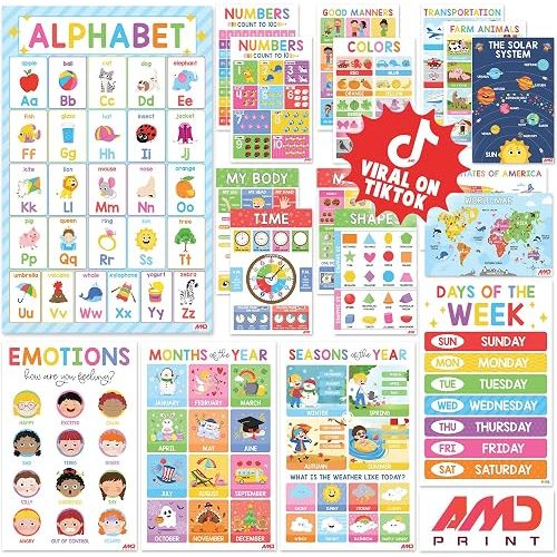 BEAWART 18 Laminated Educational Posters For Toddlers, Preschool Posters for Classroom, Kindergarten Wall Decor, PreK Learning Materials Alphabet Number Chart