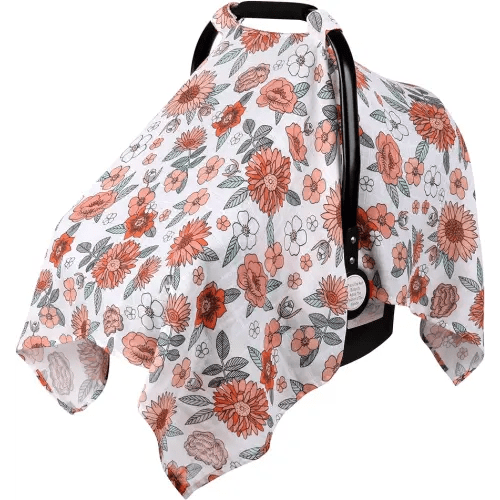 Rquite Car Seat Cover, Muslin Cotton Infant Car Seat Canopy, Breathable Baby Carrier Cover, Summer Stroller Sun Shade, Flower