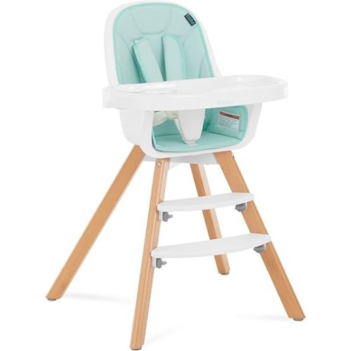 évolur Zoodle 3-in-1 High Chair in Mint | Convertible Wooden Baby Feeding Chair with Dishwasher Safe Removable Tray, Adjustable Footrest, Padded Cushion, 5-Point Harness for Infants & Toddlers