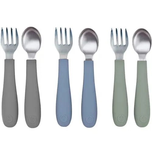 Stainless Steel & Silicone Toddler Utensils – Set of 6 (3 Forks + 3 Spoons)